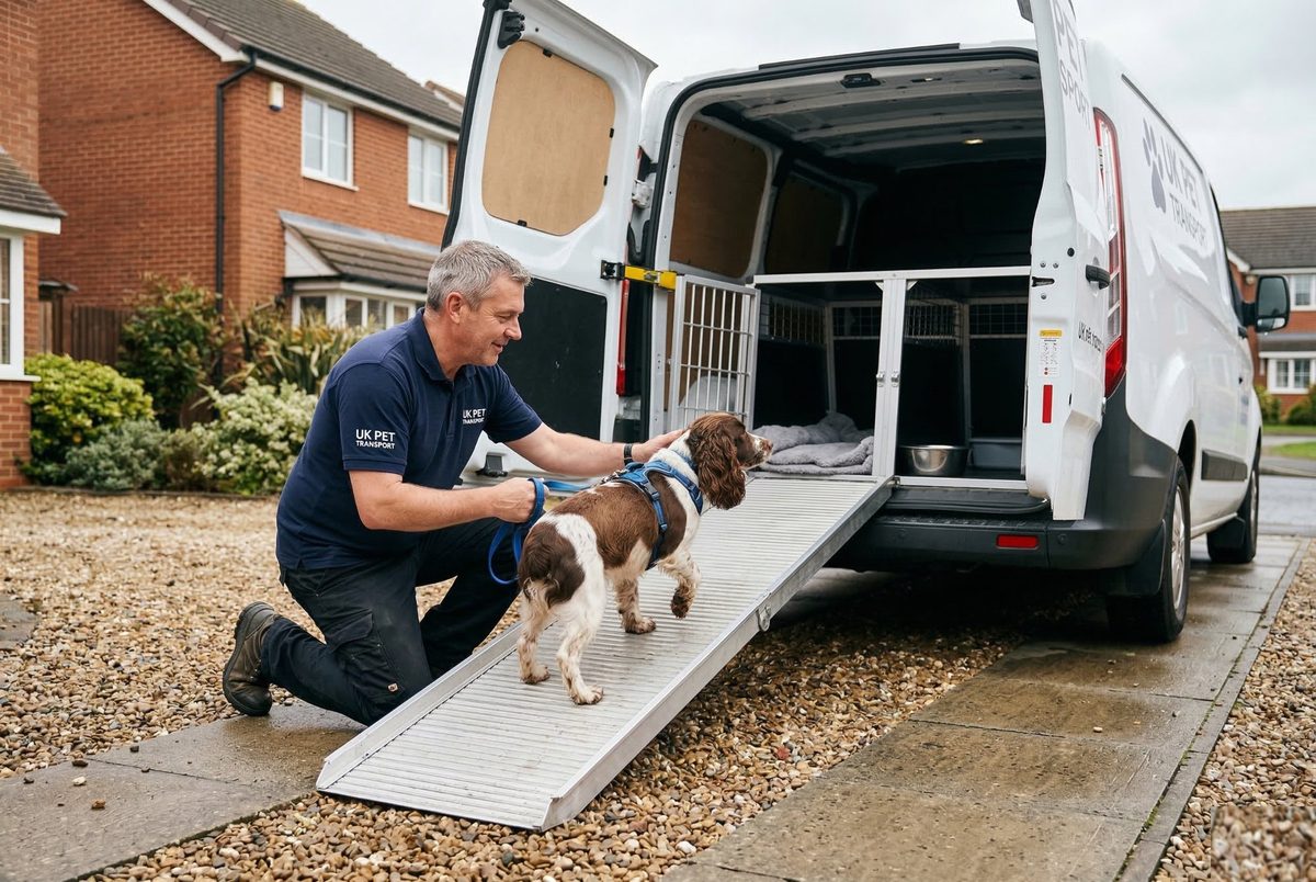 Professional pet transporter guiding a spaniel into the van